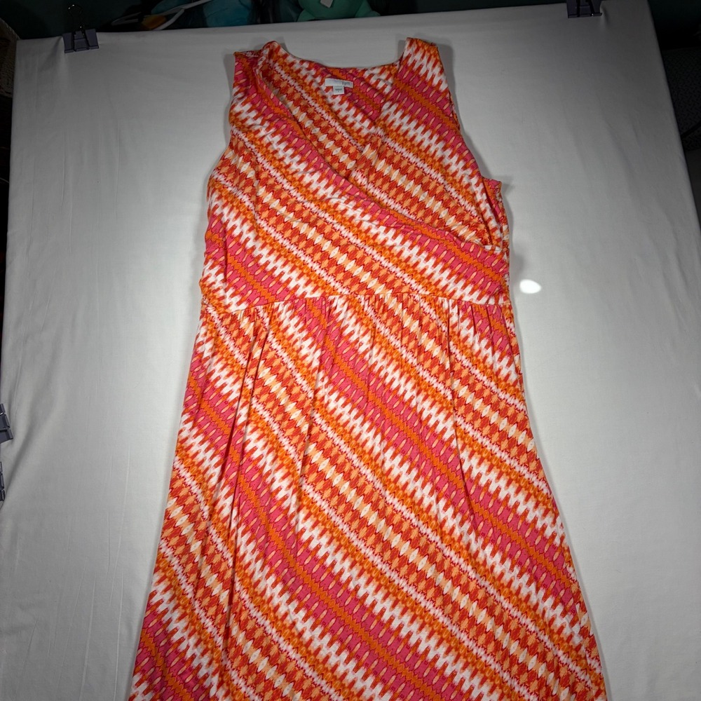 J. Jill Womens Large Orange Pink Chevron Sleeveless Faux Wrap Maxi Dress